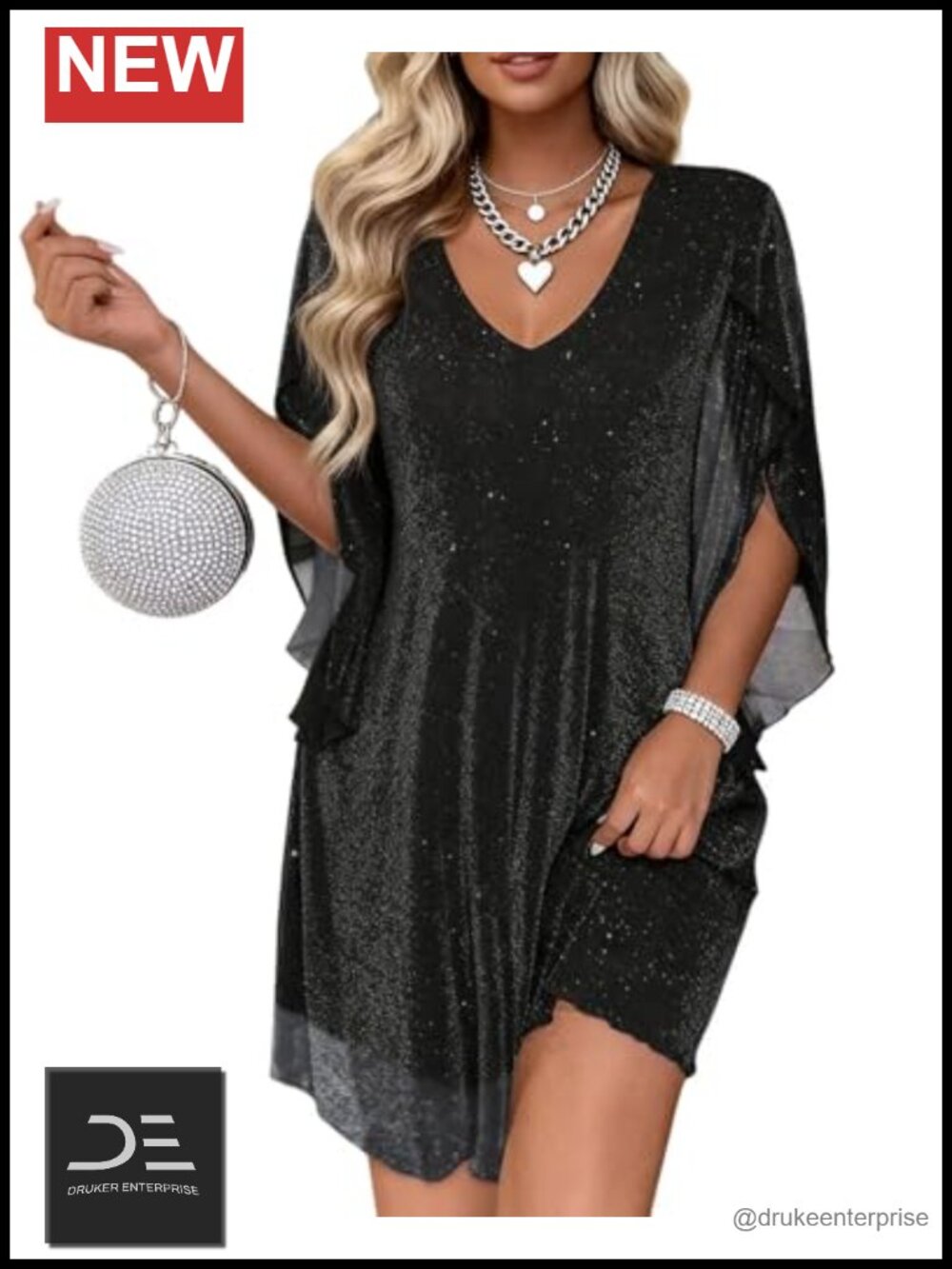 Sparkly Cocktail Dress Flutter Sleeve Loose Chiffon Party Wedding Guest